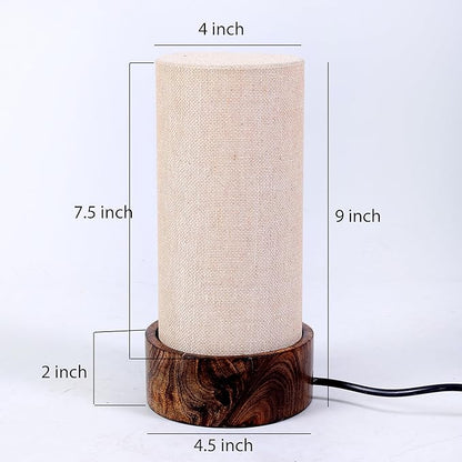 Bedside Small Lamp Wood Base Round Fabric Shade Table Lamp for Living Room, Desk, Lamp for Living Room, Bedside Lamp, Room Decor, Wooden Base Grey Color