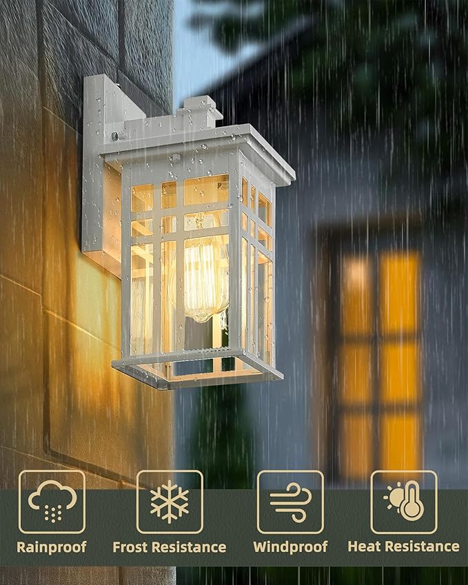 Dusk to Dawn Sensor Outdoor Wall Sconce - HWH Exterior Wall Lantern Light Fixture for Porch, Garage, Doorway, Garden, Glossy White Finish, 5HD27B-PC WH