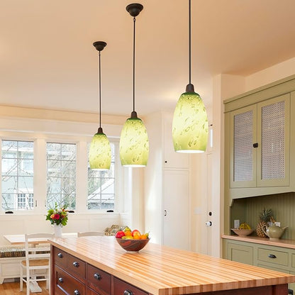 3 Pc Green-plant Oval Pendant Light Shades Only,GO&SO Hand Blown Glass Pendant Lamp Shade,Fitter 1.57 ",Height 7.8 ",Max Diameter 4 ",Stained Glass Pendant Lights Kitchen Island Replacement Lamp Shade