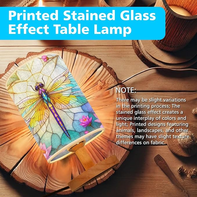 Dragonfly Table Lamp LED 3-Color Pressed Bedside, Dragonfly Shade Lamp with Wood Base for Bedroom Living Room Desk Office TL01