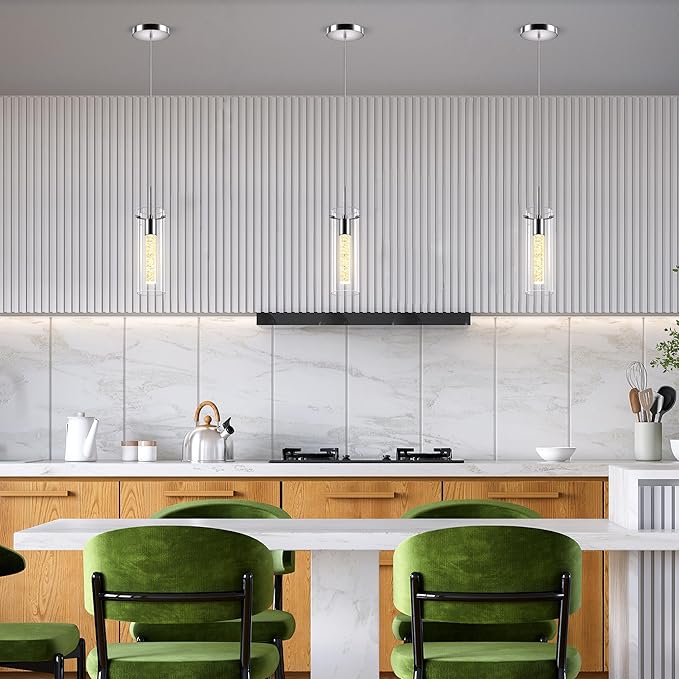 Pendant Ceiling Light Fixture - LED Crystal Pendant Lights for Kitchen Island, Modern Island Light with Bubble Glass - 3 Pack