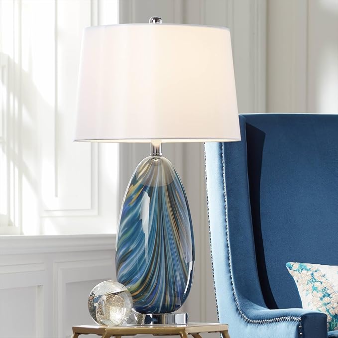 Possini Euro Design Pablo Modern Table Lamp 27" Tall Swirling Multi Color Blue Hand Blown Art Glass Metal White Tapered Drum Shade Decor for Living Room Bedroom House Bedside Home (Color May Vary)