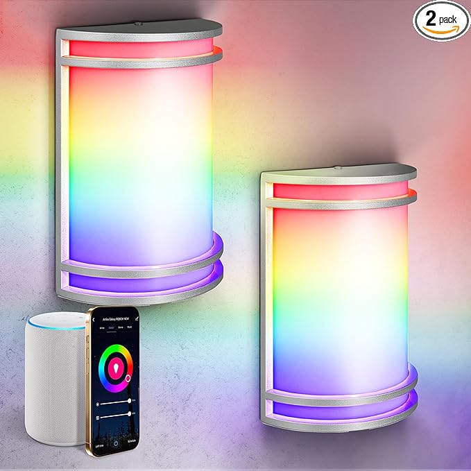 ASD 10 Inch Smart RGBW LED Outdoor & Indoor Wall Mount Light Fixture - Nickel RGB Wall Sconce Exterior Lighting - 120-277V 15W 2700-6500K Dimmable, Remote Control, Alexa - Front Door, Patio ETL 2 Pack