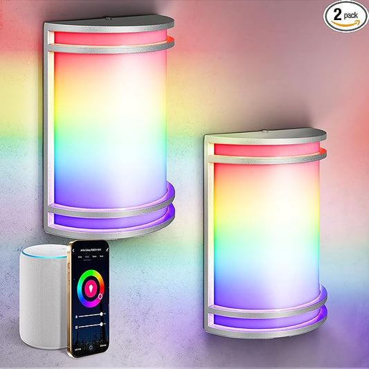 ASD 10 Inch Smart RGBW LED Outdoor & Indoor Wall Mount Light Fixture - Nickel RGB Wall Sconce Exterior Lighting - 120-277V 15W 2700-6500K Dimmable, Remote Control, Alexa - Front Door, Patio ETL 2 Pack