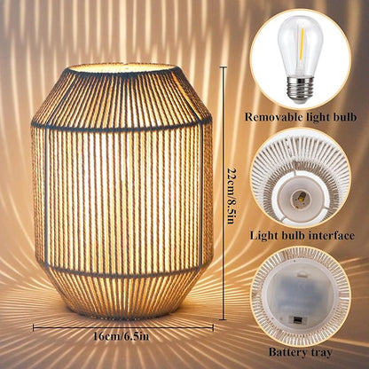 JHY DESIGN Set of 2 Woven Lampshade Table Lamps 8.5" H Cotton Rope Bedside ‌Light‌s Cordless Decorative Battery Operated Lamps with 6 Hours Timer for Bedroom Living Room Weddings Parties Patio