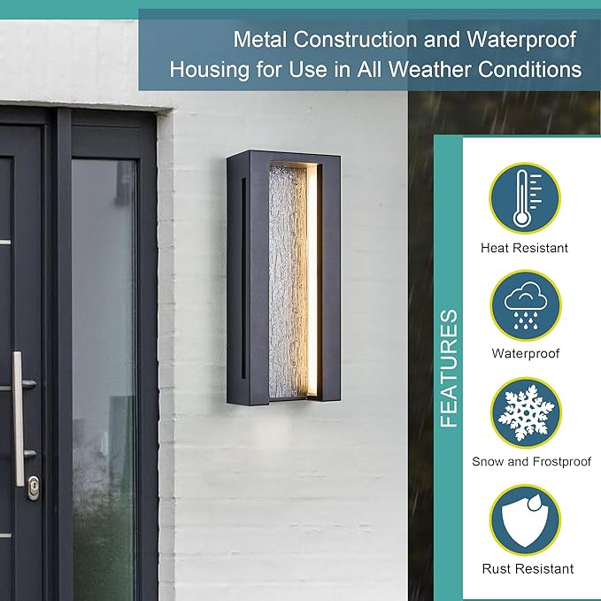 Modern Outdoor Wall Lights, IP65 Waterproof & Anti-Rust, 1800 Lumens Dimmable LED Porch Lights, Textured Black Metal with Art Glass, Warm White, Wall Mount for Patio, Entryway, Balcony