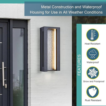 Modern Outdoor Wall Lights, IP65 Waterproof & Anti-Rust, 1800 Lumens Dimmable LED Porch Lights, Textured Black Metal with Art Glass, Warm White, Wall Mount for Patio, Entryway, Balcony