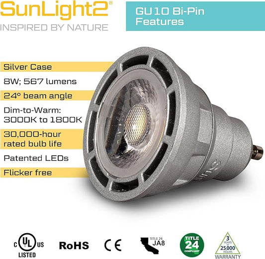 SunLight2® Premium Edition | GU10 LED Bulb 7W | 120V | 3000K - 1800K Dim to Warm | CRI 97 | 24° Narrow Beam MR16 Spotlight | Silver Finish | 4 Pack | Energy Efficient Flicker Free