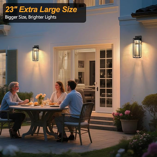 𝟐𝟑𝐈𝐍𝐂𝐇 Extra Large Dusk to Dawn LED Outdoor Light, Black Front Door Light, Rippled Glass Wall Sconce Waterproof Exterior Lighting Fixtures, Outdoor Lights for House Garage Patio