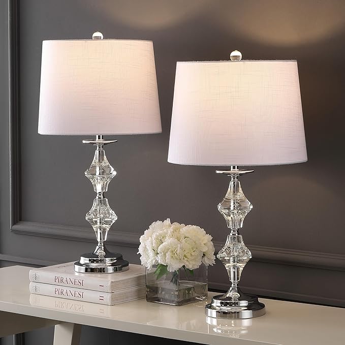JONATHAN Y JYL2037A-SET2 27.5" Modern Glam Crystal Table Lamp Set of 2 for Bedroom Living Room, Traditional Stacked Crystal Bedside Nightstand Lamp with White Drum Shade, Clear/Chrome