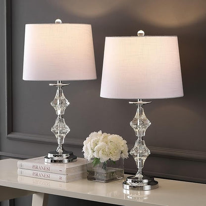 JONATHAN Y JYL2037A-SET2 27.5" Modern Glam Crystal Table Lamp Set of 2 for Bedroom Living Room, Traditional Stacked Crystal Bedside Nightstand Lamp with White Drum Shade, Clear/Chrome