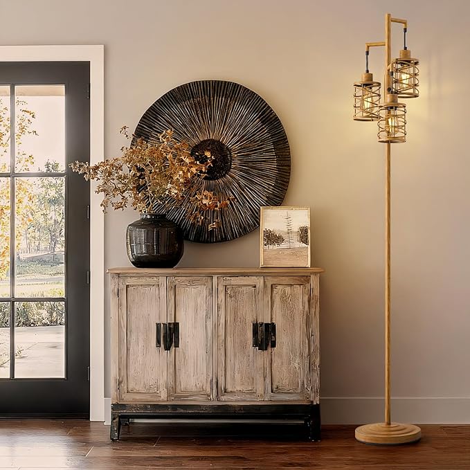 Oneach 70" Industrial Floor Lamp, Stepless Dimmable Standing Lamp with 3 Bulbs, Farmhouse Corner Standing Tree Lamp for Living Room, Tall Lamps for Bedroom, Office, Study Room, Dining Room, Wood Grain