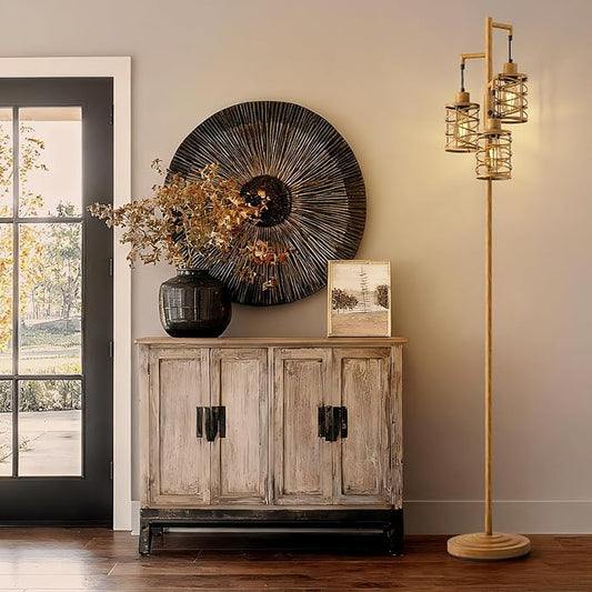 Oneach 70" Industrial Floor Lamp, Stepless Dimmable Standing Lamp with 3 Bulbs, Farmhouse Corner Standing Tree Lamp for Living Room, Tall Lamps for Bedroom, Office, Study Room, Dining Room, Wood Grain