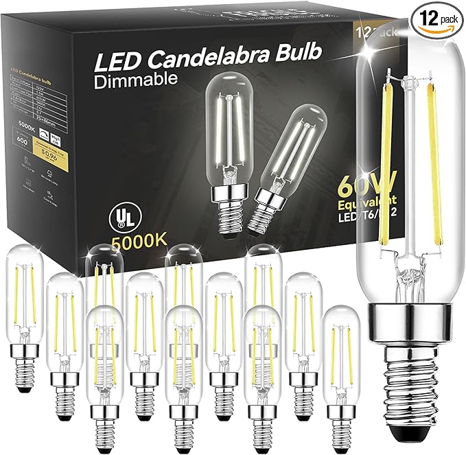 TJOY E12 T6 Candelabra LED Bulbs, Dimmable 5.5W Equivalent 60W 5000K Daylight, Small Base LED Clear Light Bulb, Vintage Edison Bulb Decorative for Chandelier, Ceiling Fan Wall Sconces, 600lm, 12pack