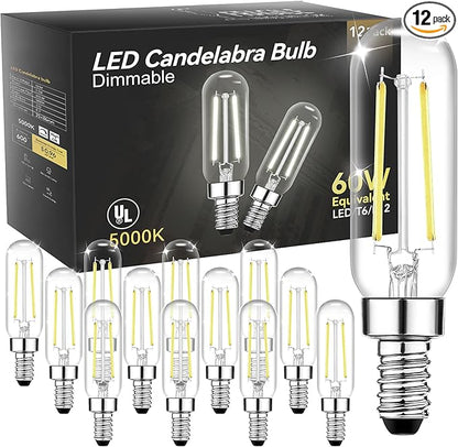 TJOY E12 T6 Candelabra LED Bulbs, Dimmable 5.5W Equivalent 60W 5000K Daylight, Small Base LED Clear Light Bulb, Vintage Edison Bulb Decorative for Chandelier, Ceiling Fan Wall Sconces, 600lm, 12pack