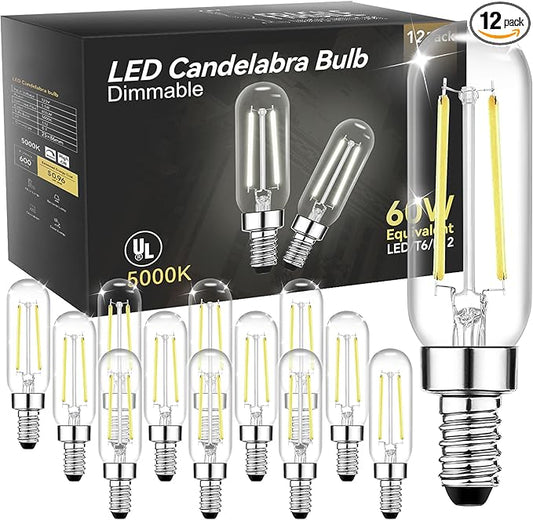 TJOY E12 T6 Candelabra LED Bulbs, Dimmable 5.5W Equivalent 60W 5000K Daylight, Small Base LED Clear Light Bulb, Vintage Edison Bulb Decorative for Chandelier, Ceiling Fan Wall Sconces, 600lm, 12pack