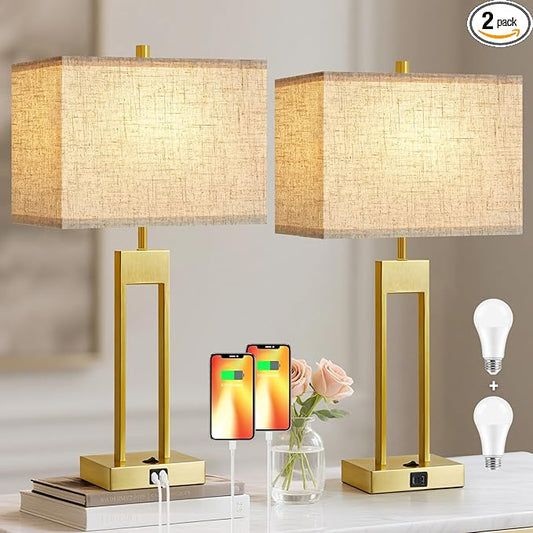 GyroVu 25.5" Nightstand Table Lamps for Bedrooms Set of 2, Bedside Lamp with USB C+A, Colors Changeable Living Room Lamp, Modern Night Stand Lamps for Bed Side Guest Room Reading, Gold+White Shade
