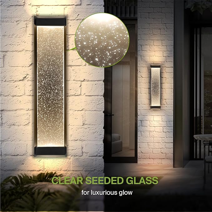 ASD LED 24" Bubble Glass Wall Light Fixture, Outdoor & Indoor Seeded Sconce | 3CCT, Waterproof, Dimmable, Up-Down Glow, ETL Listed | 22W 530LM 3000-5000K 100-277V | Porch Lighting | Black, 2 Pack