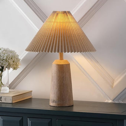 JONATHAN Y JYL1146A Arvid 20.5" Rustic Scandinavian Resin/Iron Lighthouse LED Table Lamp with Pleated Shade, Beige Wood Finish, for Bedroom, Living Room, Entry Console