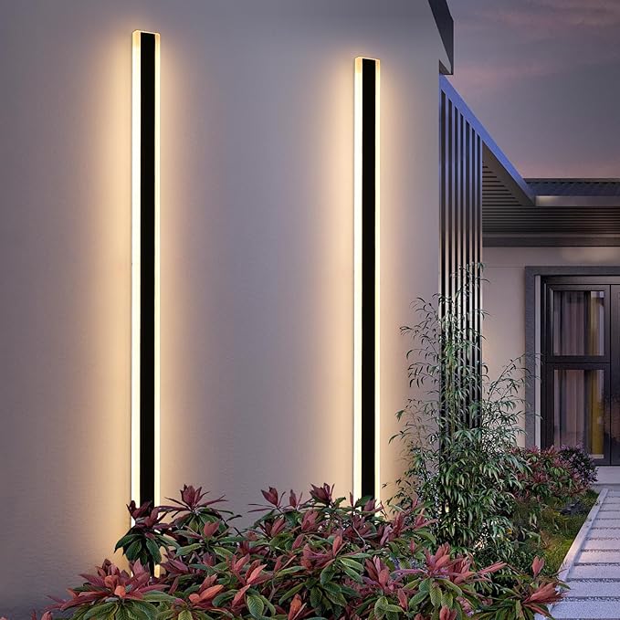 2 Pack Modern Outdoor Wall Light, 71inch LED Long Linear Wall Sconce Dimmable 3000K-6000K, IP65 Waterproof, Exterior Wall Mount Lighting for House, Porch, Patio, Yard, Garage with Remote Control