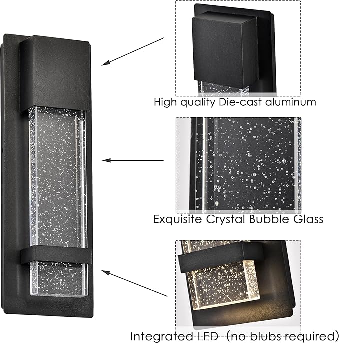 Modern LED Outdoor Wall Sconce, 13.8'' Black Exterior Wall Light Fixture with Crystal Bubble Glass, Hardwired Outdoor Light for Porch, Patio, Garage, Coach Lights, Waterproof Wall Mount Sconce