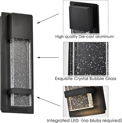 Modern LED Outdoor Wall Sconce, 13.8'' Black Exterior Wall Light Fixture with Crystal Bubble Glass, Hardwired Outdoor Light for Porch, Patio, Garage, Coach Lights, Waterproof Wall Mount Sconce