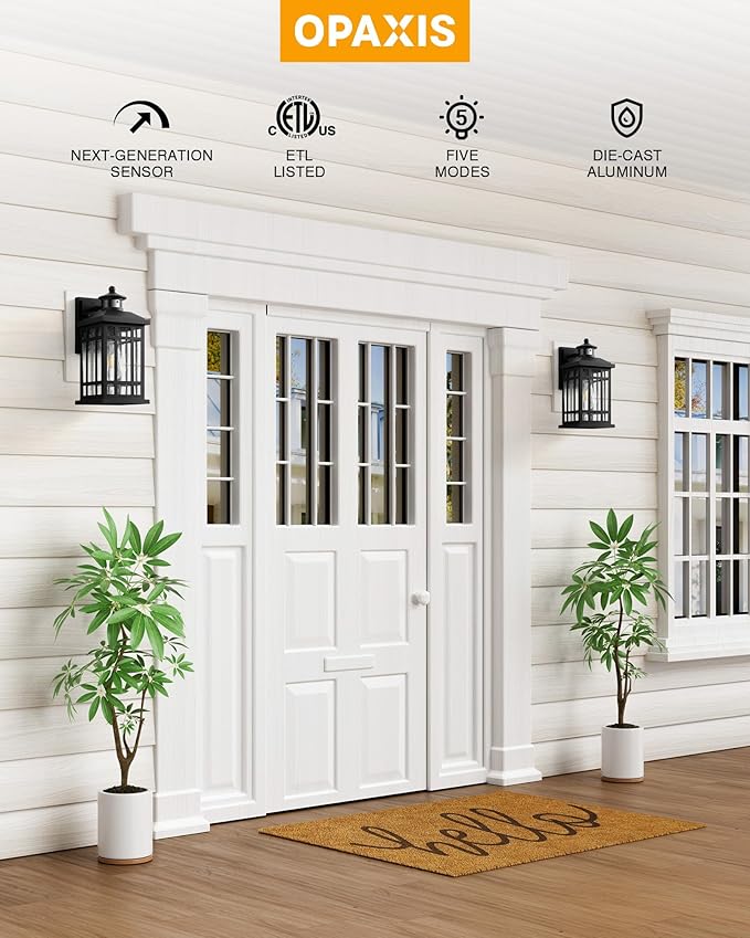 Motion Sensor Outdoor Light Adjustable Sensing Range, 2 Pack Black Dusk to Dawn Exterior Lighting Fixtures with Seed Glass, Aluminum Anti-Rust Outside Lights for House Garage Doorway Garden