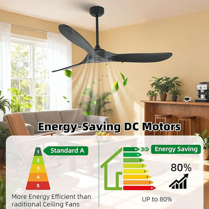 Outdoor Ceiling Fan Without Light, 60 Inch Smart Ceiling Fan with Remote & Voice Control for Alexa/Google, 3-Blade Wood Fan, Quiet DC Motor, 6 Speeds for Patio, Porch, Farmhouse, Black