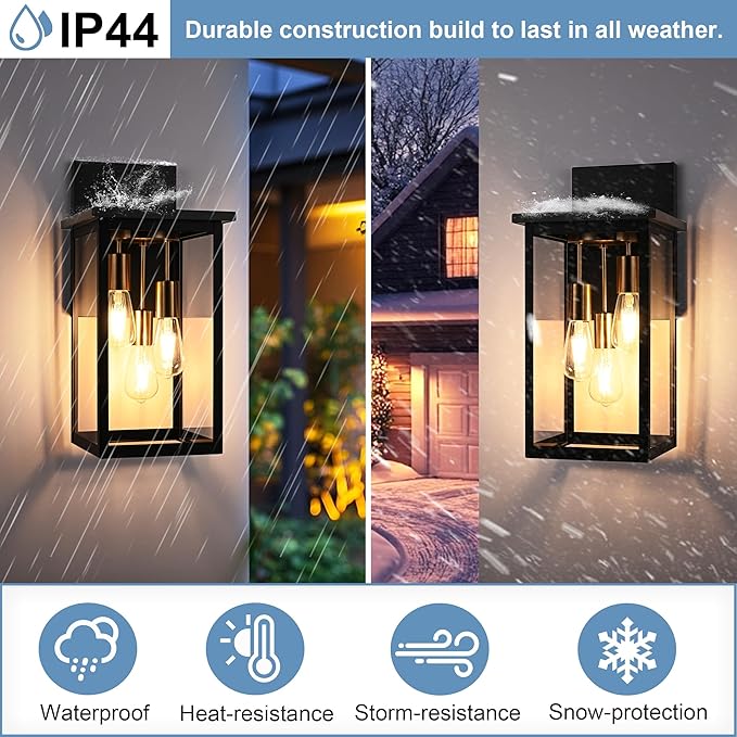 TODOLUZ 2-Pack Large Outdoor Wall Light Fixtures, 3-Light Waterproof Porch Wall-Mounted Lamp Lantern Lighting for Front Door Entryway Patio, E26 Bulb Base