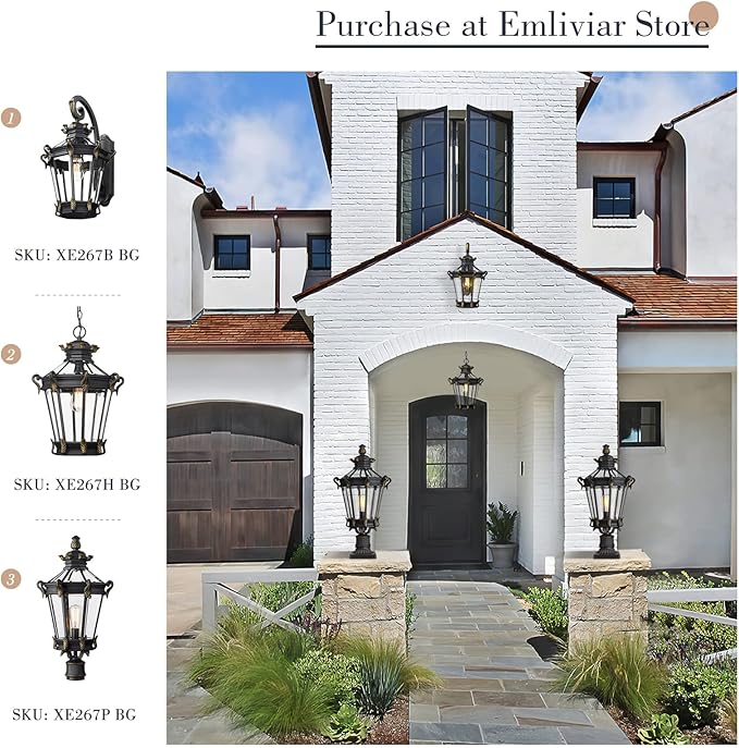 Emliviar Farmhouse Large Outdoor Wall Lantern, 24.4" Vintage Rustic Exterior Porch Light with Clear Glass for House Patio, Die-Cast Aluminum in Black Finish, XE267B BG