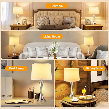 LIT-PaTH Table Lamp for Bedroom Nightstand Set of 2, Bedside Lamps with 3 Way Dimmable Touch Control and USB C+A Charging Ports, Linen Shade Desk Light for Living Room, Nickel (LED Bulb Not Included)