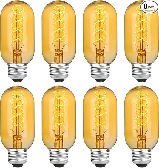 AMDTU Edison Bulbs 25 Watt E26 Base, Super Thin Spiral Filament Non-Dimmable, 25W Tubular Incandescent Light Bulb Replacement Soft Warm 2200K, T45 Amber Glass Retro LED Bulb 4W, 8 Pack