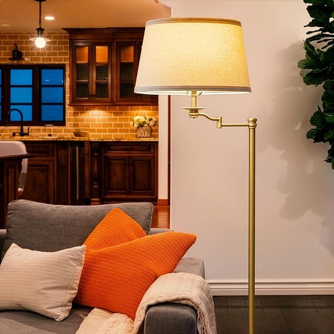 Brightech Caden LED Floor Lamp - Tall Standing Lamp with Swing Arm for Living Rooms & Offices - Antique Brass