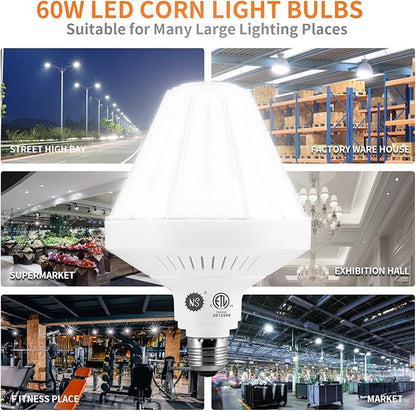 600W Equivalent Led Corn light bulbs,60W 9000 Lumens LED Corn Bulb 5000K Daylight White Lamp,E26 Medium/E39 Mogul Base,2-Pack Large Area Lights For Outdoor Indoor Garage Warehouse High Bay Lighting