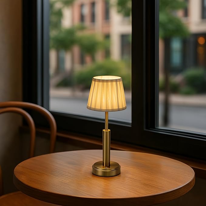 16'' Vintage Fabric Shade Rechargeable LED Table Lamp Touch Control Cordless USB Nightstand Lamp in Antique Brass with Stepless Dimming for Bedroom Dorm Living Room