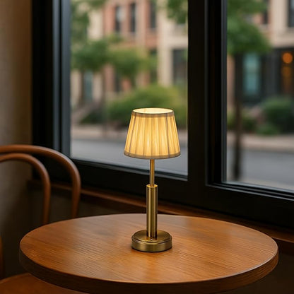 16'' Vintage Fabric Shade Rechargeable LED Table Lamp Touch Control Cordless USB Nightstand Lamp in Antique Brass with Stepless Dimming for Bedroom Dorm Living Room