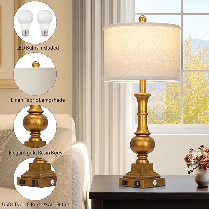 Farmhouse Table Lamps for Living Room, 26" Vintage Table Lamp Set of 2 with USB A+C Charging Ports & AC Outlets, Touch Control 3-Way Dimmable Rustic Bedside Nightstand Lamps for Bedroom Gold Brass