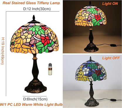 Tiffany Table Lamp for Living Room,Camellia Flower Stained Glass Lamp Shades for Bedside Nightstand Table LampsW/LED Bulb,12X12X19 Inch Tall Home Office Reading Dining Room Desk Lamps