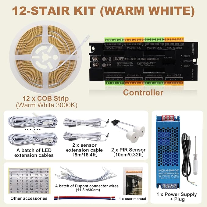 Intelligent 12-Step Motion Sensor Stair Light for Indoor, 40 inches Long Cuttable Motion Lights for Stairs (12 Stairs,3000K)