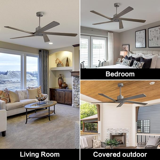 WINGBO 54 Inch DC Ceiling Fan without Lights, 5 Reversible Carved Solid Wood Blades, 6-Speed Noiseless DC Motor, Ceiling Fan No Light with Remote, Graphite Finish with Gray Blades, ETL Listed