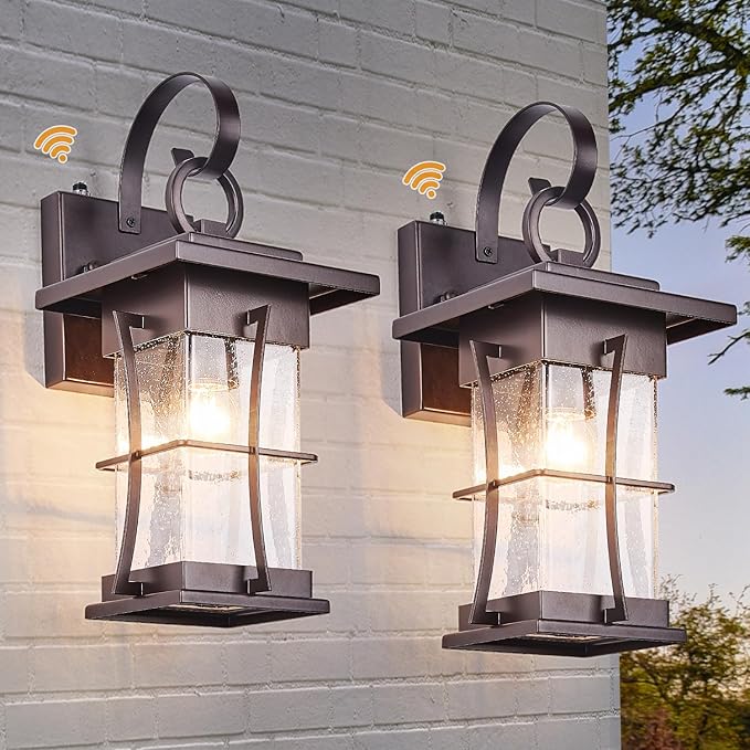 2 Pk Oil Rubbed Bronze Outdoor Sconces Light with Dusk to Dawn Sensor Photocell Exterior Porch Lanterns Outside Wall Lamps Waterproof Brown Metal with Seeded Glass Coach Light Fixtures for House