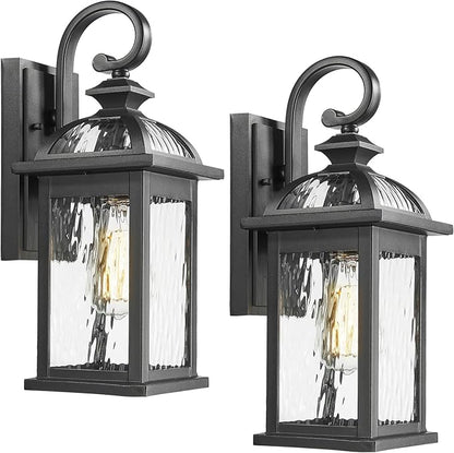 Darkaway Outdoor Lights Fixture Wall Mount, Exterior Wall Light with Water Ripple Glass Waterproof Black Outside Wall Sconce for House Porch Hallway Garage