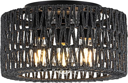 Rattan Ceiling Light Fixture, 3-Light Bohemian Modern Woven Ceiling Light, Black Boho Flush Mount Ceiling Light for Bedroom Living Room Dining Room, Bulb Not Included
