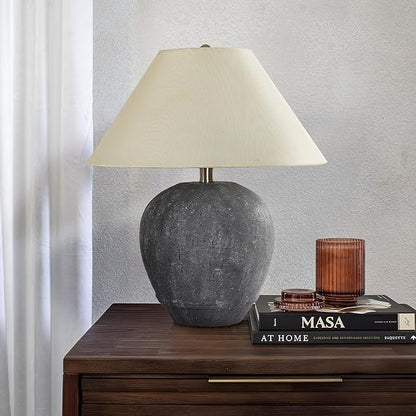 Farmhouse Ceramic Table Lamp, 21" Rustic Table Lamp with Linen Shade, 3-Way Dimmable Bedside Nightstand Lamps for Bedroom, Living Room, E26 Socket, Dark Grey