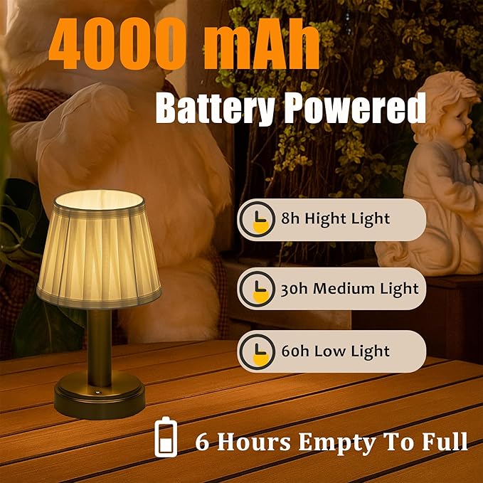 11'' Vintage Antique Brass Type-C Rechargeable Cordless LED Table Lamp Touch Control Mini Desk Lamp with Fabric ShadeDimmable Nightstand Light for Bedroom Living Room Study Room