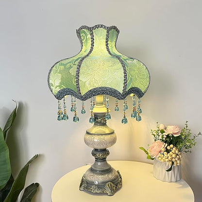 Victorian Style Blue Table Lamp, Flower Decorative Bedside Desk Lamp with Bead Curtain, Resin Base, Elegant Night Light for Bedroom Nightstand