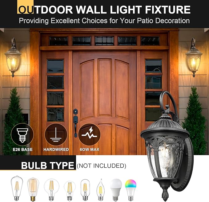 Outdoor Wall Lantern, Outdoor Lights Fixtures Wall Mount with Seeded Glass, Exterior Porch Lights, Waterproof Outside Wall Sconce Lights E26 Anti-Rust for House Front Porch Patio Garage