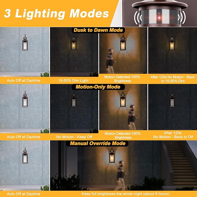 Large Motion Sensor Outdoor Wall Light 20" - Oil Rubbed Bronze Dusk to Dawn Outdoor Lighting, Modern Wall Mount Light Fixture, Brown Porch Light Fixture for Outside House Garage, 3 Modes