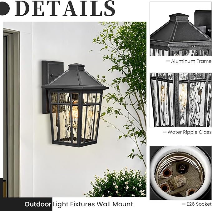 Outdoor Wall Lamps 11 Inch Outside Light Fixtures for House Black Aluminum Exterior Wall Sconce with Water Ripple Glass for Patio Porch and Garage E26 Socke Max 60W