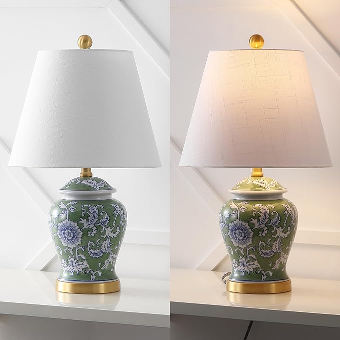 JONATHAN Y JYL3005E Penelope 22" French Country Cottage Ceramic/Iron Chinoiserie Ginger Jar LED Table Lamp, Green/White for Bedroom, Living Room, Office, College